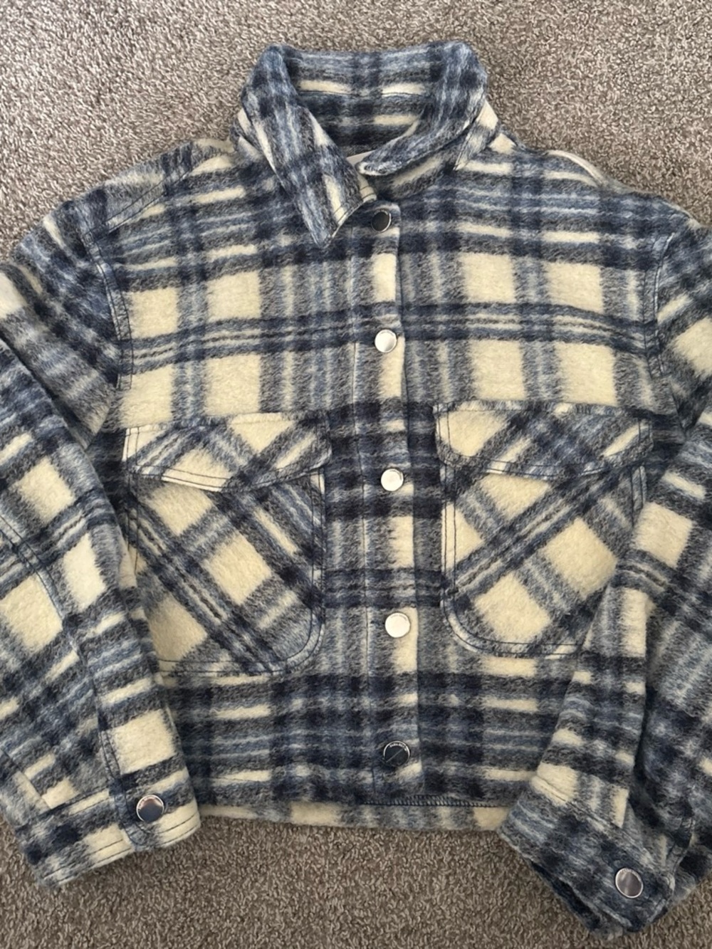 Zara Blue & Cream Plaid Jean Jacket